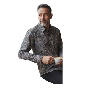 Roper Paisley Western Snap Shirt Blue Brown Print Size Medium